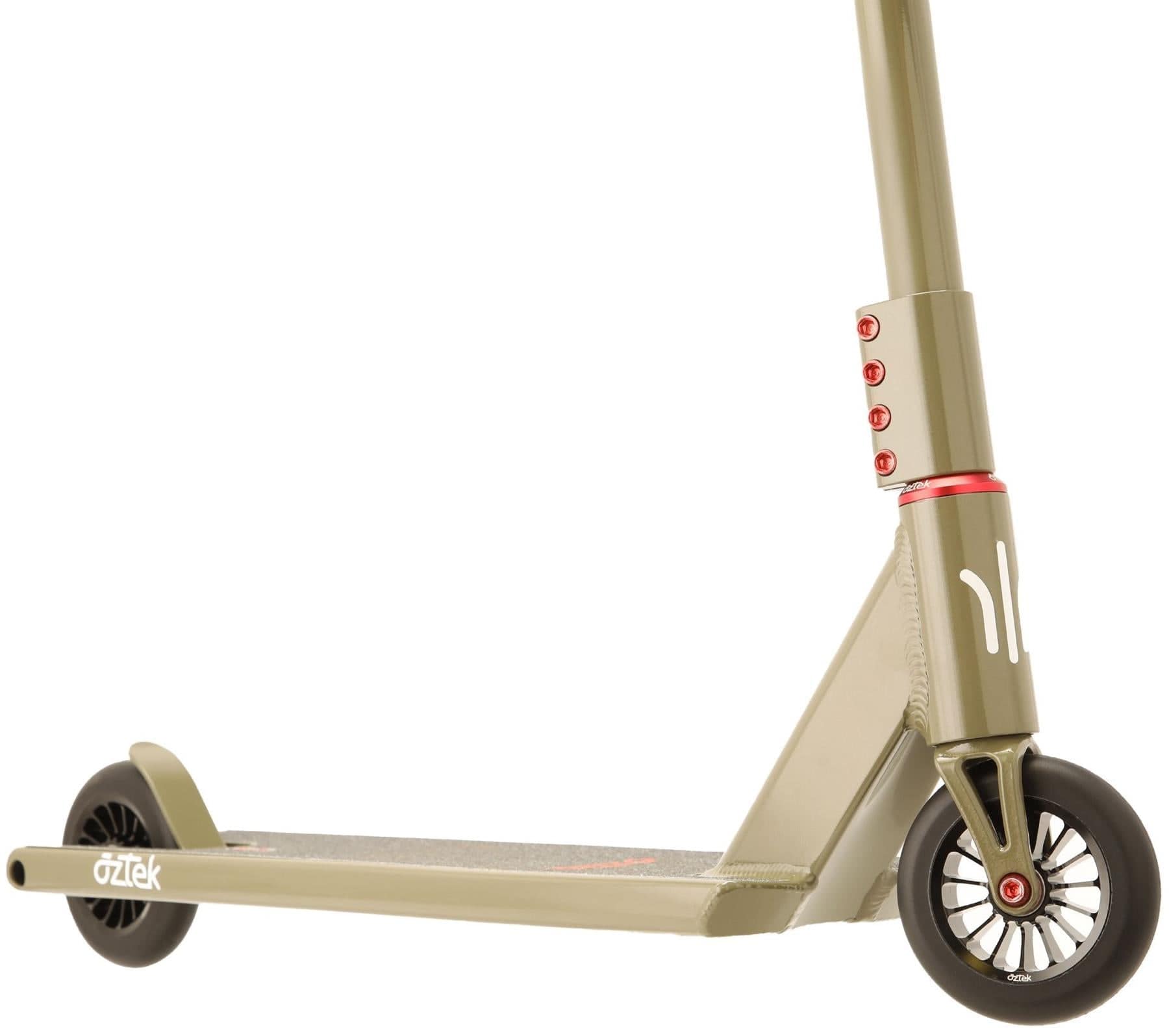 Close-up of the Aztek Architect 2 Complete Stunt Scooter in Zircon Sand, featuring its deck, rear wheel, and stem with red bolts and white minimalist graphics—ideal for entry-level street riders.
