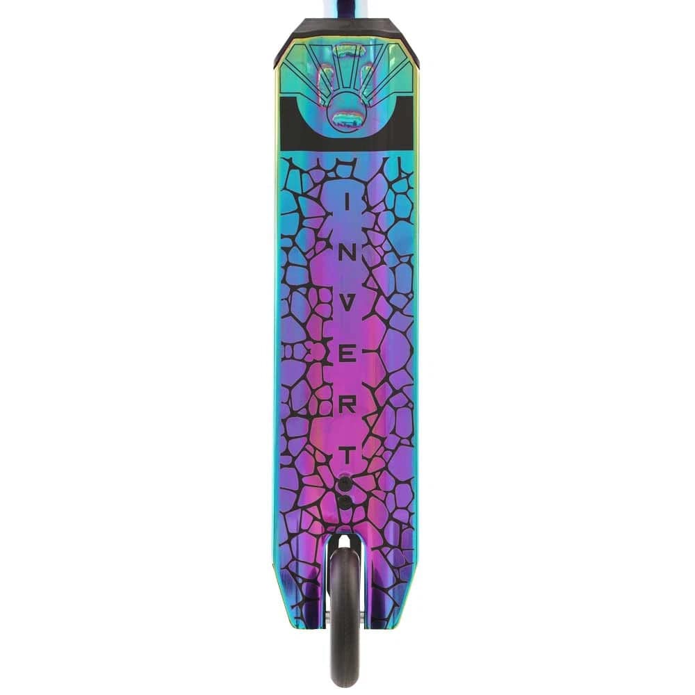 The Invert Supreme 2.5-8-13 Complete Stunt Scooter in Neochrome/Black features a vibrant, cracked mosaic-style deck with "INVERT" down the center, visible back wheel—a stylish choice from Invert for intermediate riders.