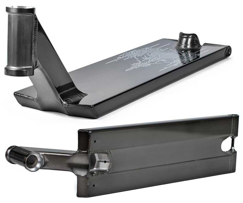 Two views of the Tilt Selects Gagliano Signature Clear Black Stunt Scooter Deck (6.5" x 22.2"): one highlights the engraved top and welds, while the other shows the clean, angular underside and rear dropouts made from 6061-T6 aluminium.