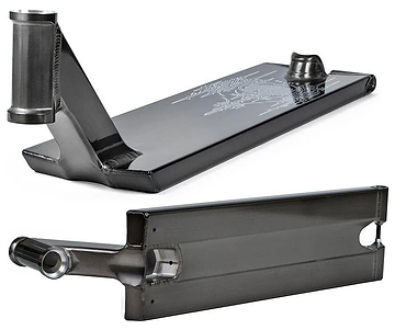 Two views of the Tilt Selects Gagliano Signature Clear Black Stunt Scooter Deck (6.5" x 22.2"): one highlights the engraved top and welds, while the other shows the clean, angular underside and rear dropouts made from 6061-T6 aluminium.