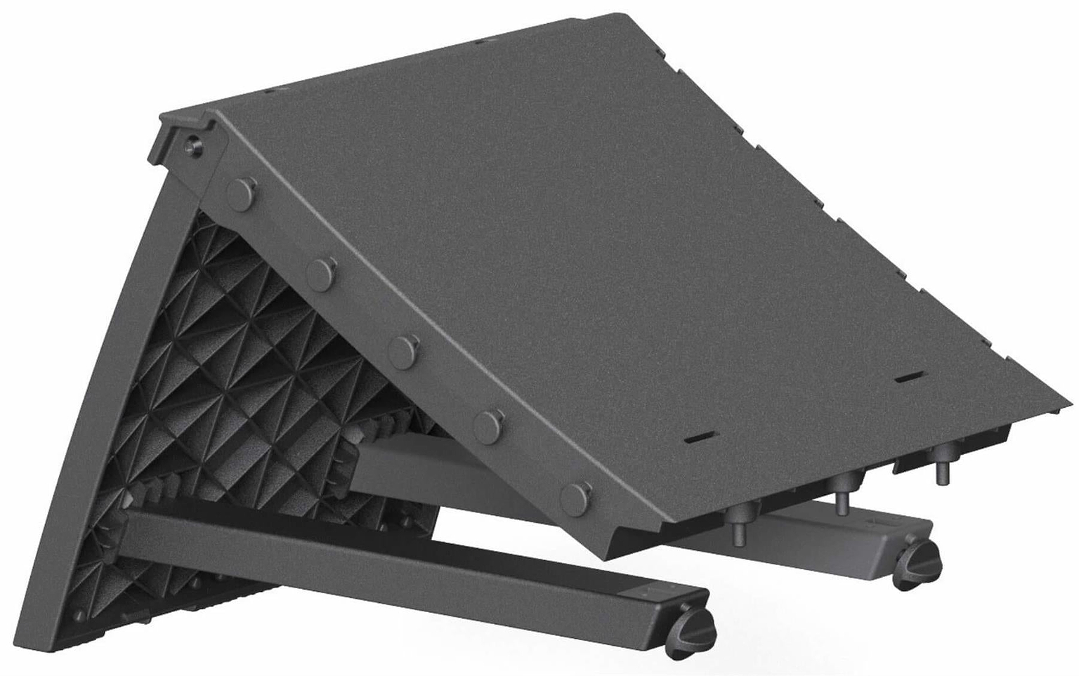 The CORE XL Kicker Ramp Extender by CORE is a black, triangular wedge with textured inner support and visible bolts, designed to extend the height of your ramp. It’s ideal as a kicker ramp accessory or wheel stop.