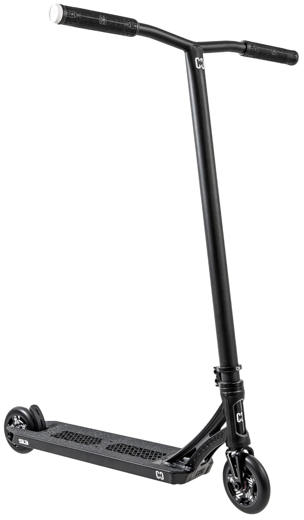 The CORE SL3 Complete Stunt Scooter by CORE features a black finish, T-shaped handlebar, small black wheels, and a textured deck. Lightweight and sleek, it's ideal for tricks and urban skatepark riding.