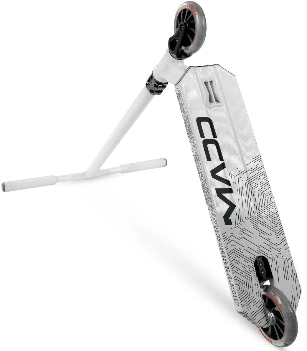 Tilted view of the Madd Gear Viral Extreme Complete Stunt Scooter in Bright White.