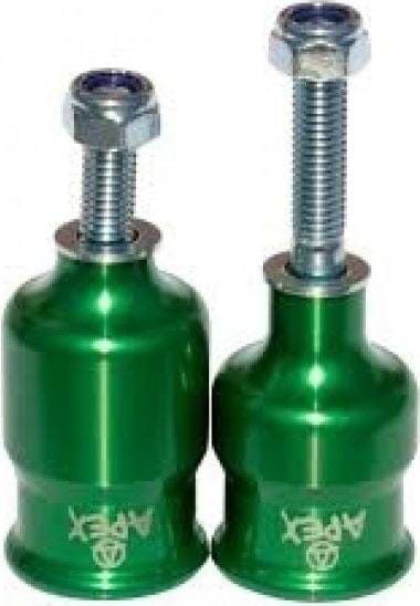 Two green metal objects with threaded rods and nuts on top are positioned side by side. Both have a shiny finish and appear to be mechanical components, possibly mounts or connectors for rail control, with the brand name "Apex" printed on them. These are likely the Apex Coopegs Stunt Scooter Pegs in Green.