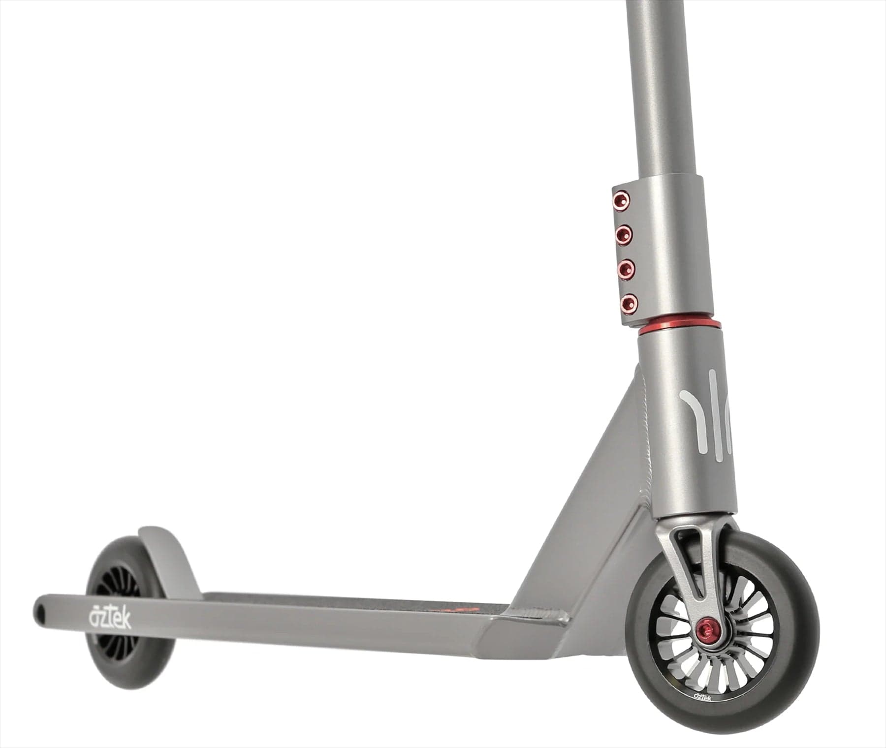 A close-up of the Aztek Architect 2 Complete Stunt Scooter in Space Grey shows the deck, wheels, and handlebars with red accents—a premium Aztek street scooter designed for tricks.