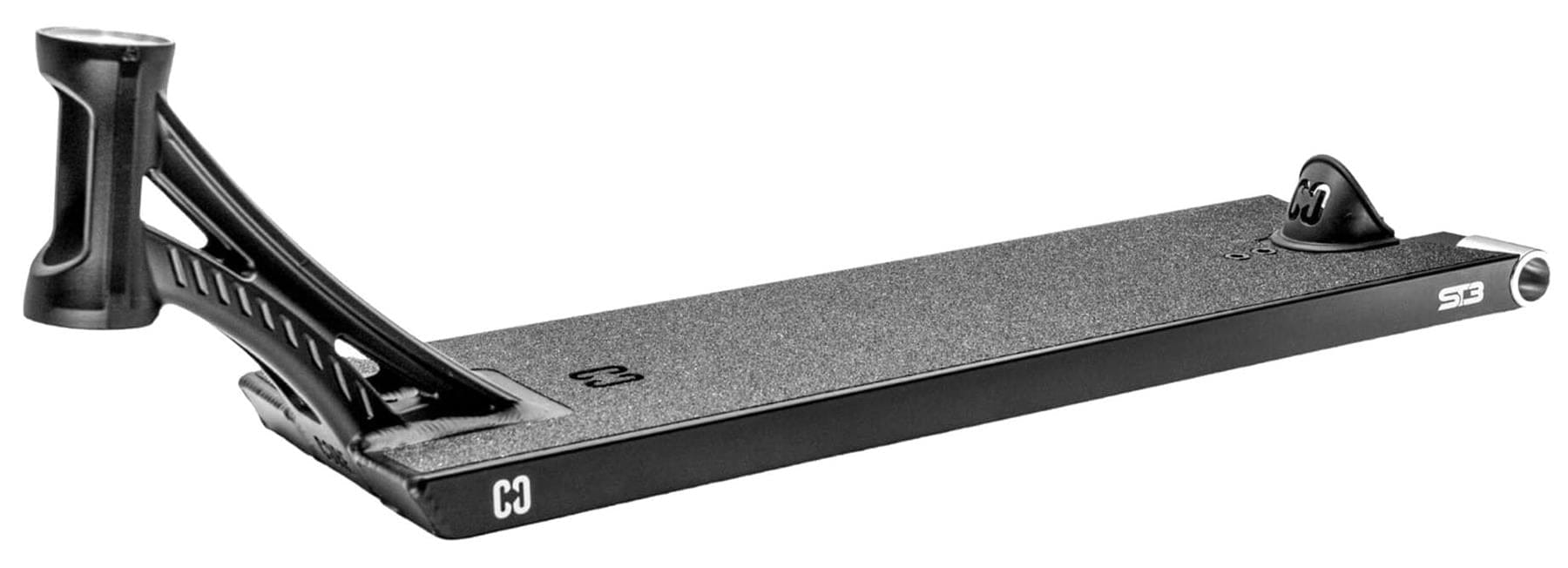 The CORE ST3 Forged Black Street Stunt Scooter Deck (6.5" x 22.5") by CORE features a wide deck, textured grip surface, sturdy neck, and integrated rear brake, displayed at an angle against a white background.