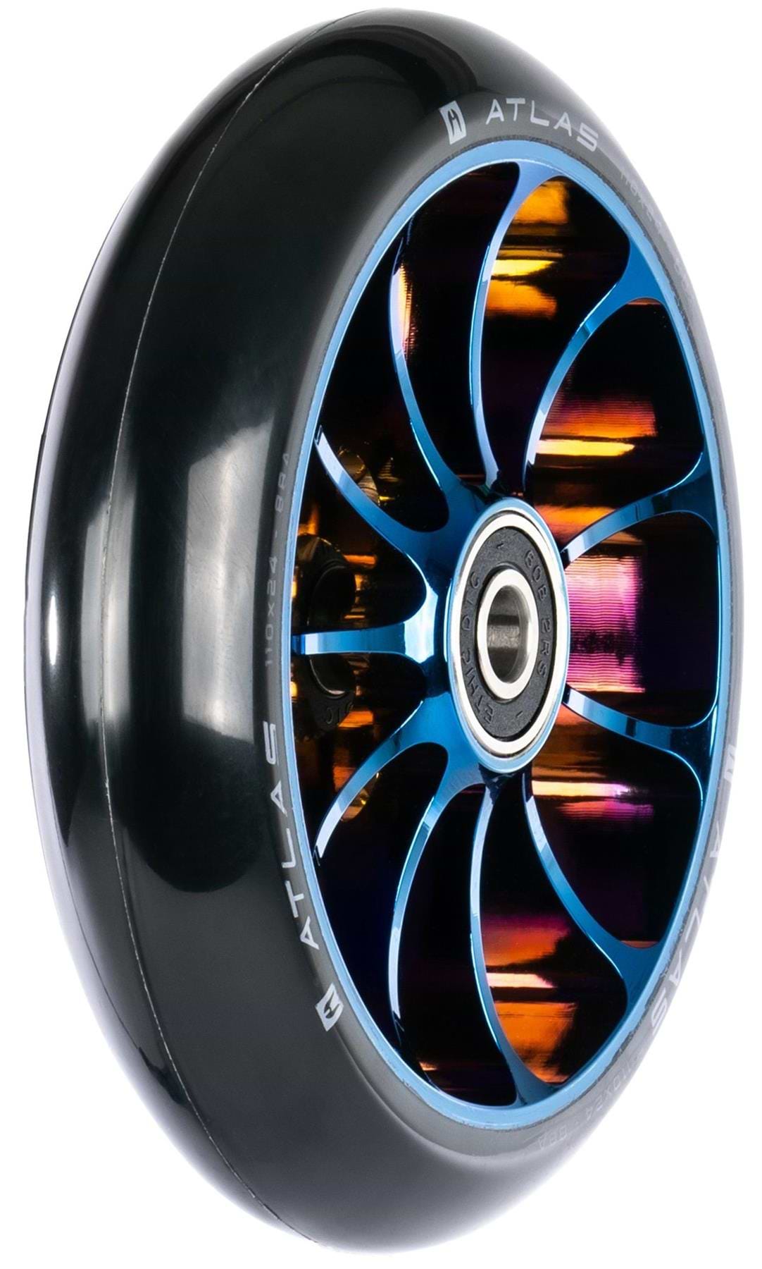A close-up of the Ethic DTC Atlas 110mm Stunt Scooter Wheel in Chrome Blue, featuring a lightweight spoke-design blue metal core with a rainbow finish, glossy black tire, and "ATLAS" printed on the edge.