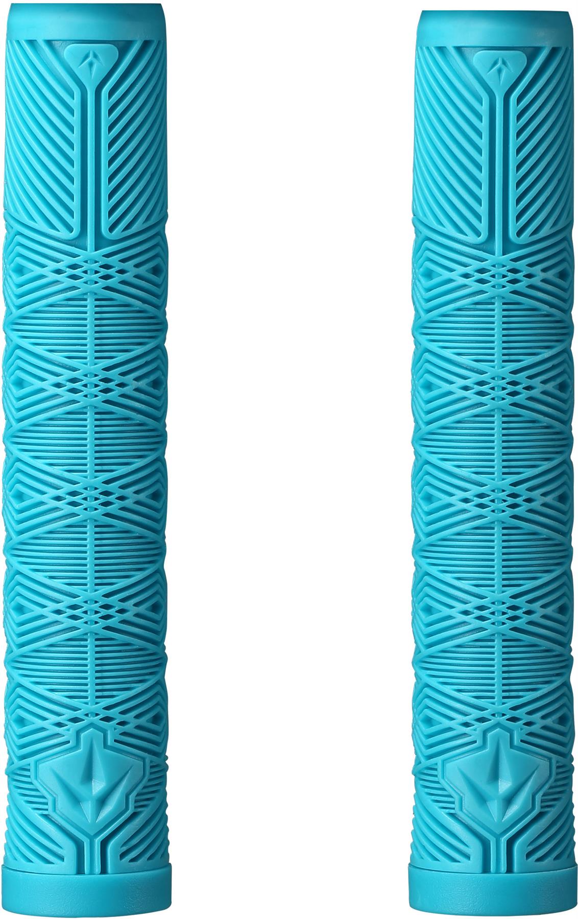 Two vibrant teal Blunt Envy V3 Stunt Scooter Grips (160mm) with textured geometric patterns and star-like end details, standing upright on a white background—ideal accessories for enhanced comfort and control.