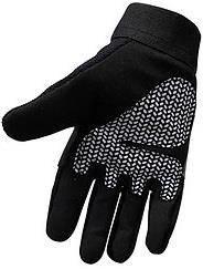 The Revvi Long Finger Tech Kids Bike Knuckle Protection Gloves in black feature a textured, non-slip grip and padded GO-SHOCK palm for comfort, even for smaller hands. Shown with palm facing forward. Brand: Revvi.