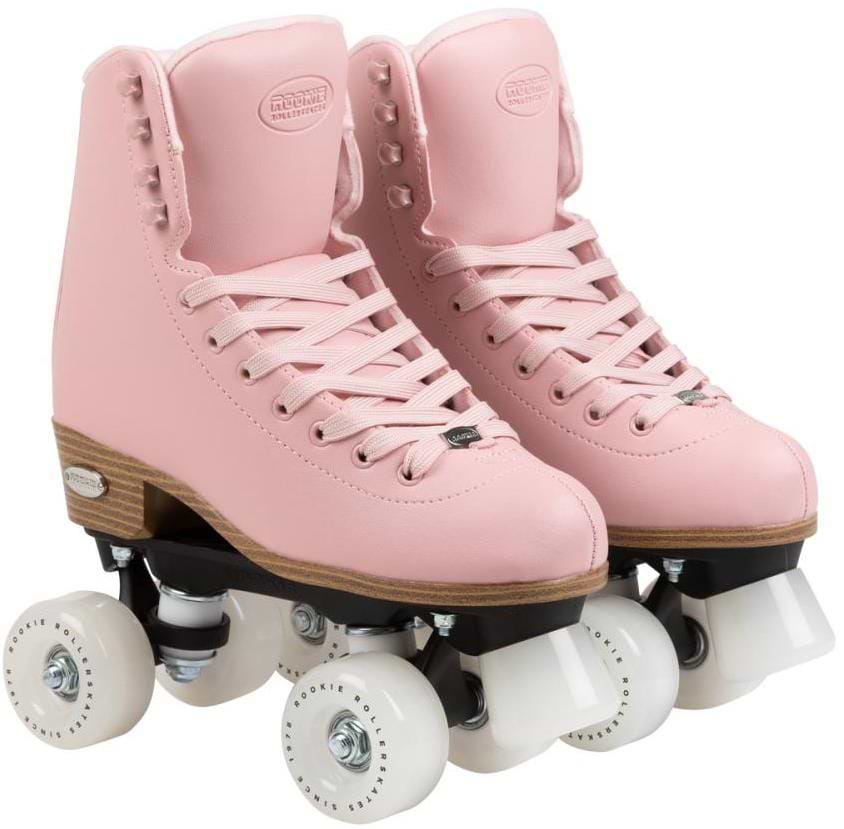A pair of Rookie Classic 78 Quad Roller Skates - Pink by Rookie, with white wheels, pink laces, and wood-style soles, are displayed side by side on a white background.