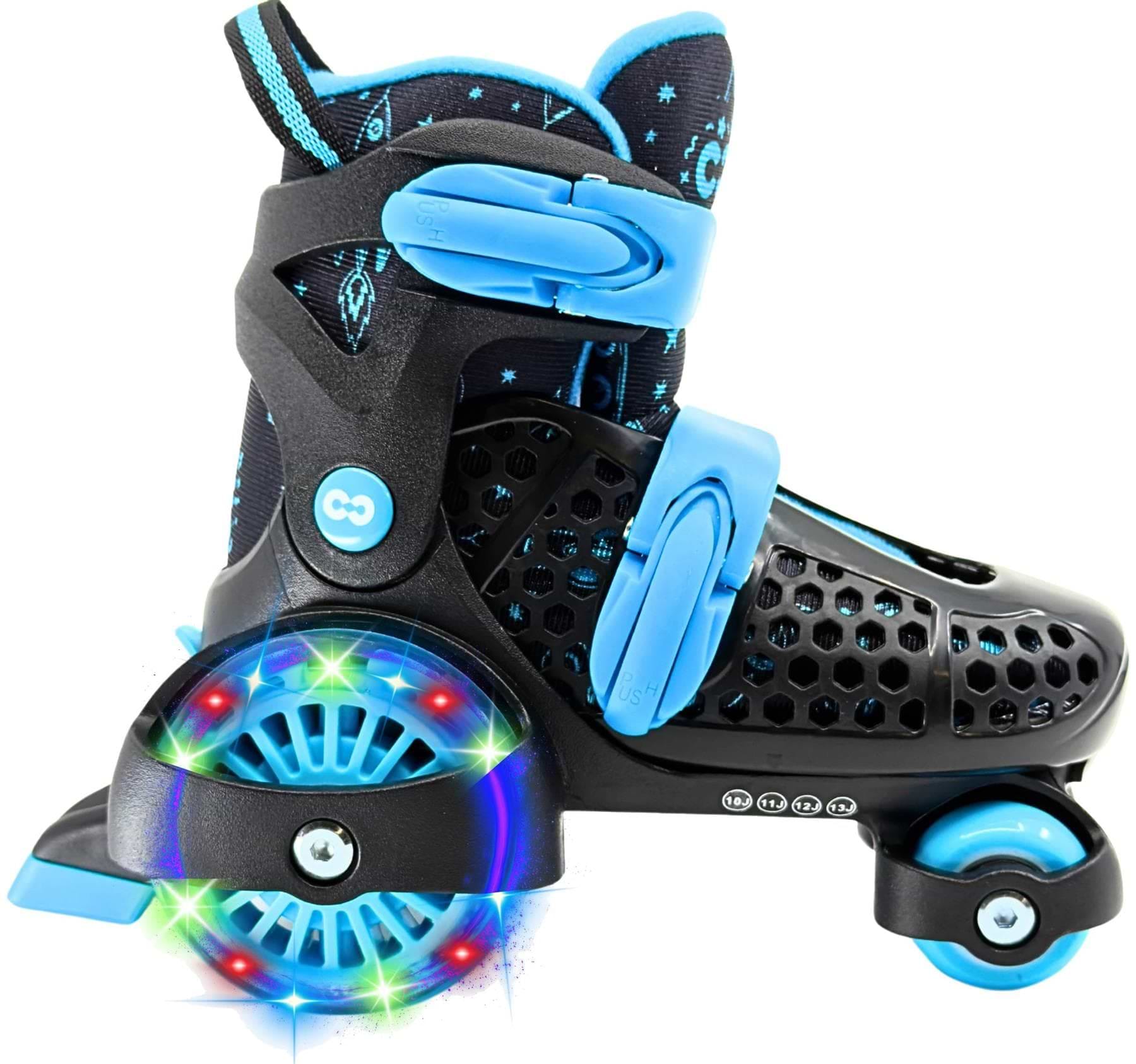 The CORE Kids Newbie LED Adjustable Roller Skates by CORE feature a black and blue design, fun boot pattern, adjustable straps, two rear LED light-up wheels, and a front wheel—making skating extra fun for kids.