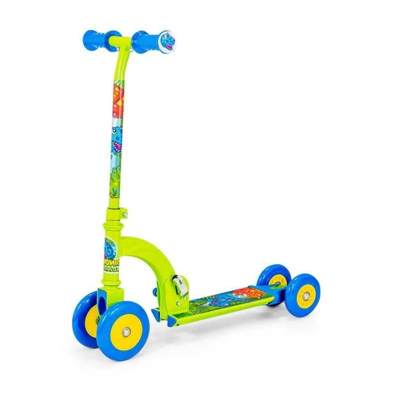 The Ozbozz My First Foldable Kick Kids Scooter - Dinosaur features a bright green frame with playful designs, blue handlebars, and four wheels with yellow centers. This colorful scooter includes a decorative base panel and vibrant accents for both fun and convenience.