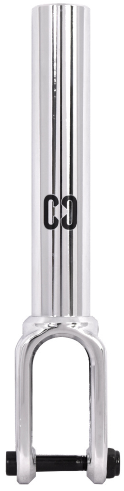 The CORE Aura SCS/HIC Stunt Scooter Forks in Chrome by CORE are made from tough 7075 aluminium, with a cylindrical tube, two prongs at the base, and a black "CO" logo on the front.