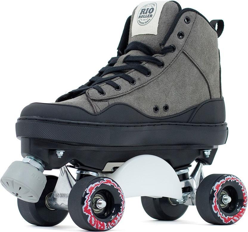 The Rio Roller Ramp Quad Roller Skates - Grey by Rio Roller feature black laces, a thick rubber sole, red and white wheels, and a gray toe stop—ideal ramp skates for style and performance.