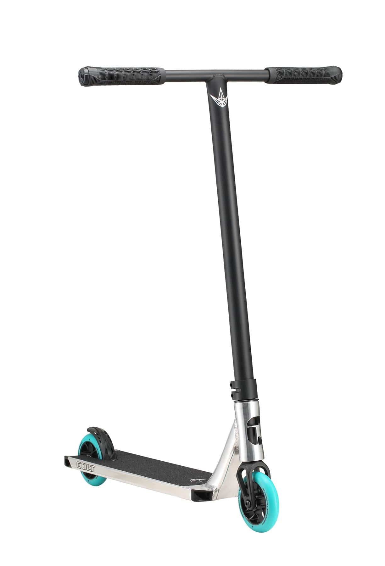 The Blunt Envy Colt S6 Complete Stunt Scooter - Polished, with a sleek black and silver finish, boasts turquoise wheels and T-shaped chromoly Tension bars. Positioned at an angle against a plain white background, it highlights its modern design and durable frame.