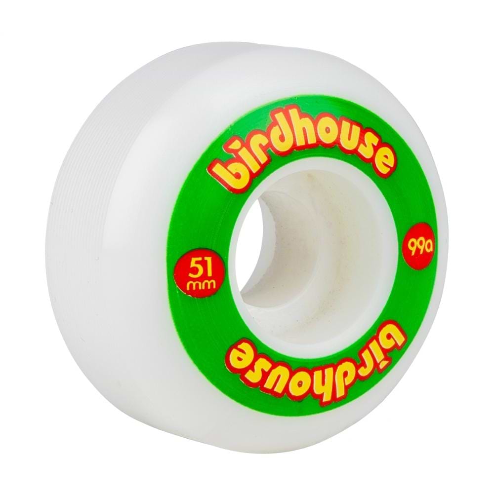 The Birdhouse Logo 51mm 99A Skateboard Wheels - Rasta feature a striking graphic design in vibrant green and red, prominently displaying the "Birdhouse" brand name in bold red lettering. Constructed from super high rebound urethane, these wheels are designed for excellent performance.