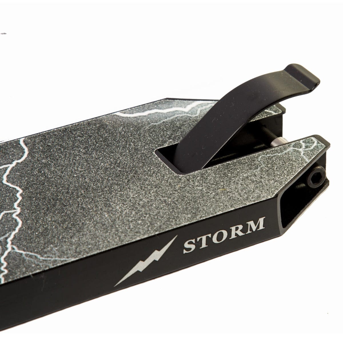 Close-up of the Revolution Storm Black Stunt Scooter Deck, showcasing its grey textured surface. It features a distinctive lightning bolt design alongside the "Revolution Storm" branding on the side. Perfect for park riders, this image highlights the rear section with a stylish black brake.