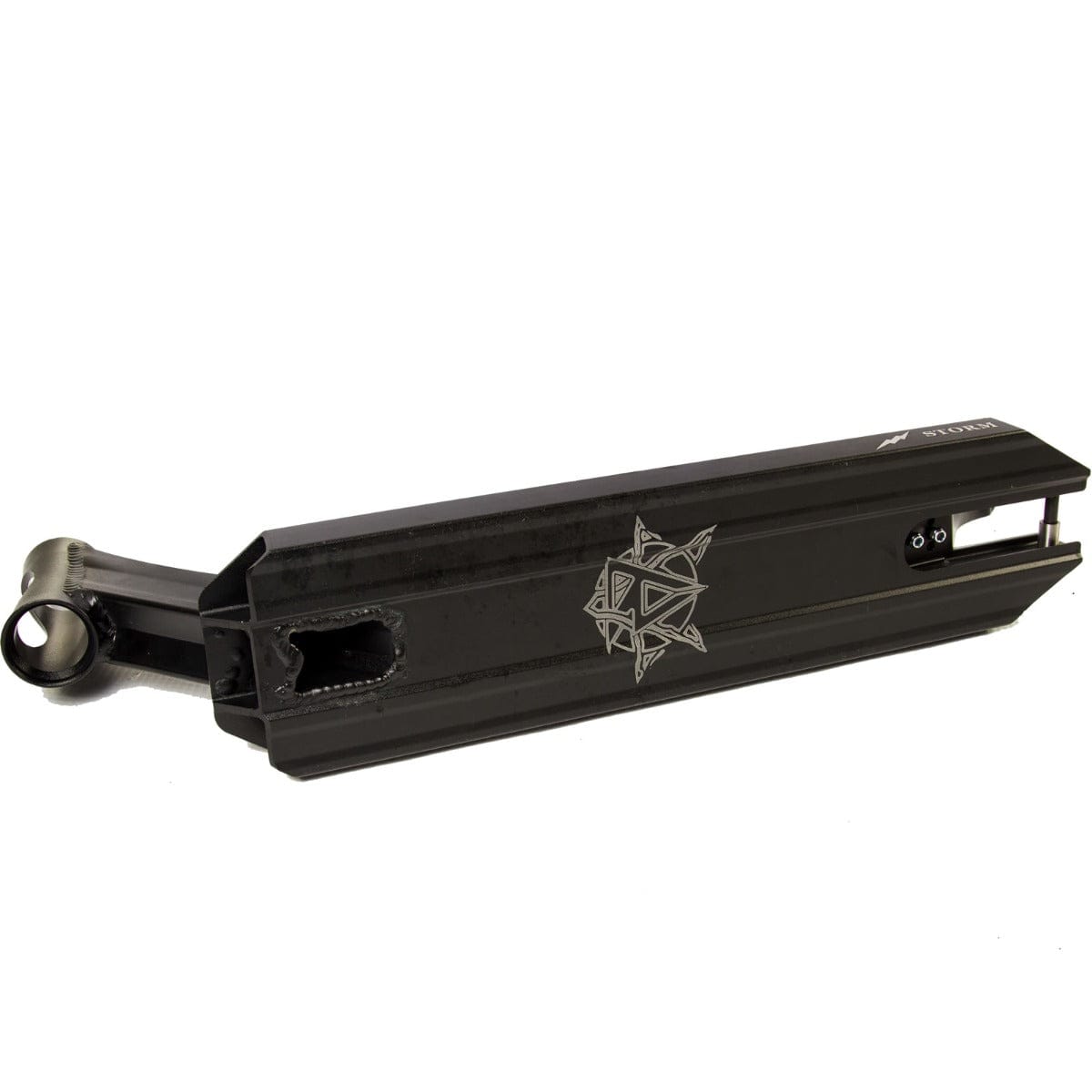 The Revolution Storm Black Stunt Scooter Deck from Revolution features an angular design and a striking geometric pattern, making it an ideal choice for the dedicated park rider.