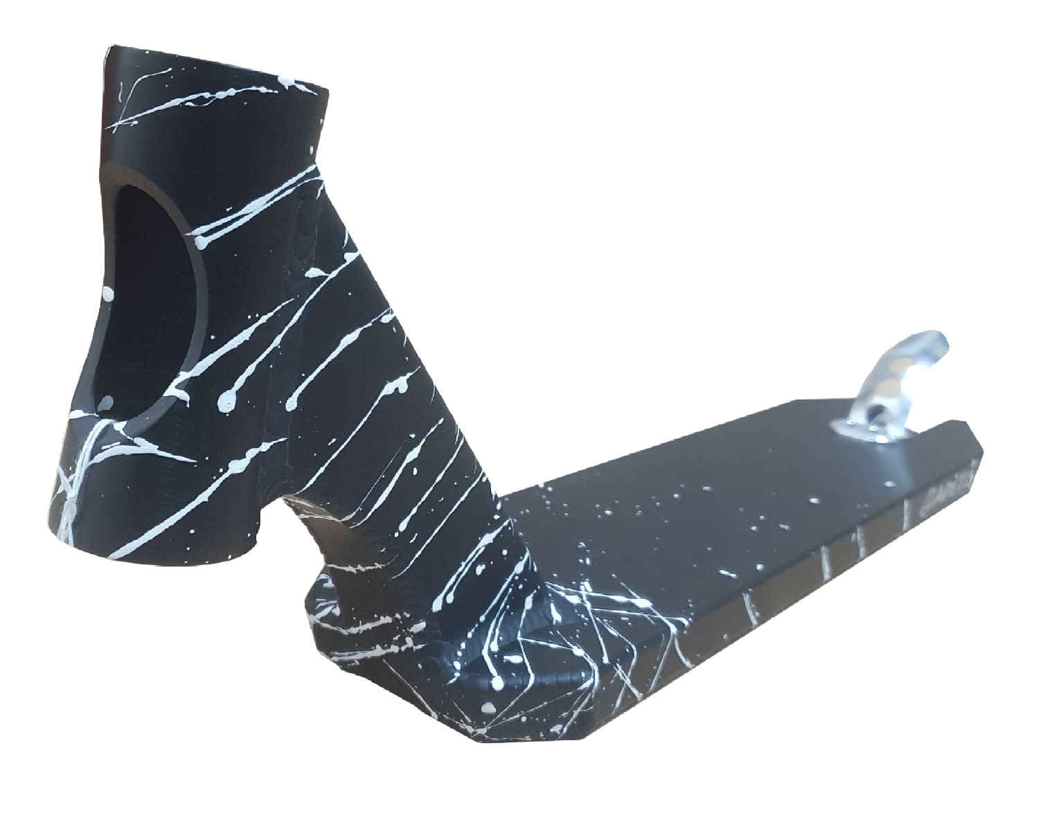 Close-up image of a sturdy scooter deck showcasing a white splatter design. The Apex Pro Splatter Black / White Stunt Scooter Deck, measuring 4.5" x 17.5", is lightweight with a square shape, reinforced headtube, and a cutout near the front.