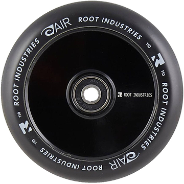 A Root Industries AIR Hollowcore 110mm stunt scooter wheel in black, branded with "Root Industries" elegantly written in white on the rim, complete with a central bearing to boost your scooter performance.