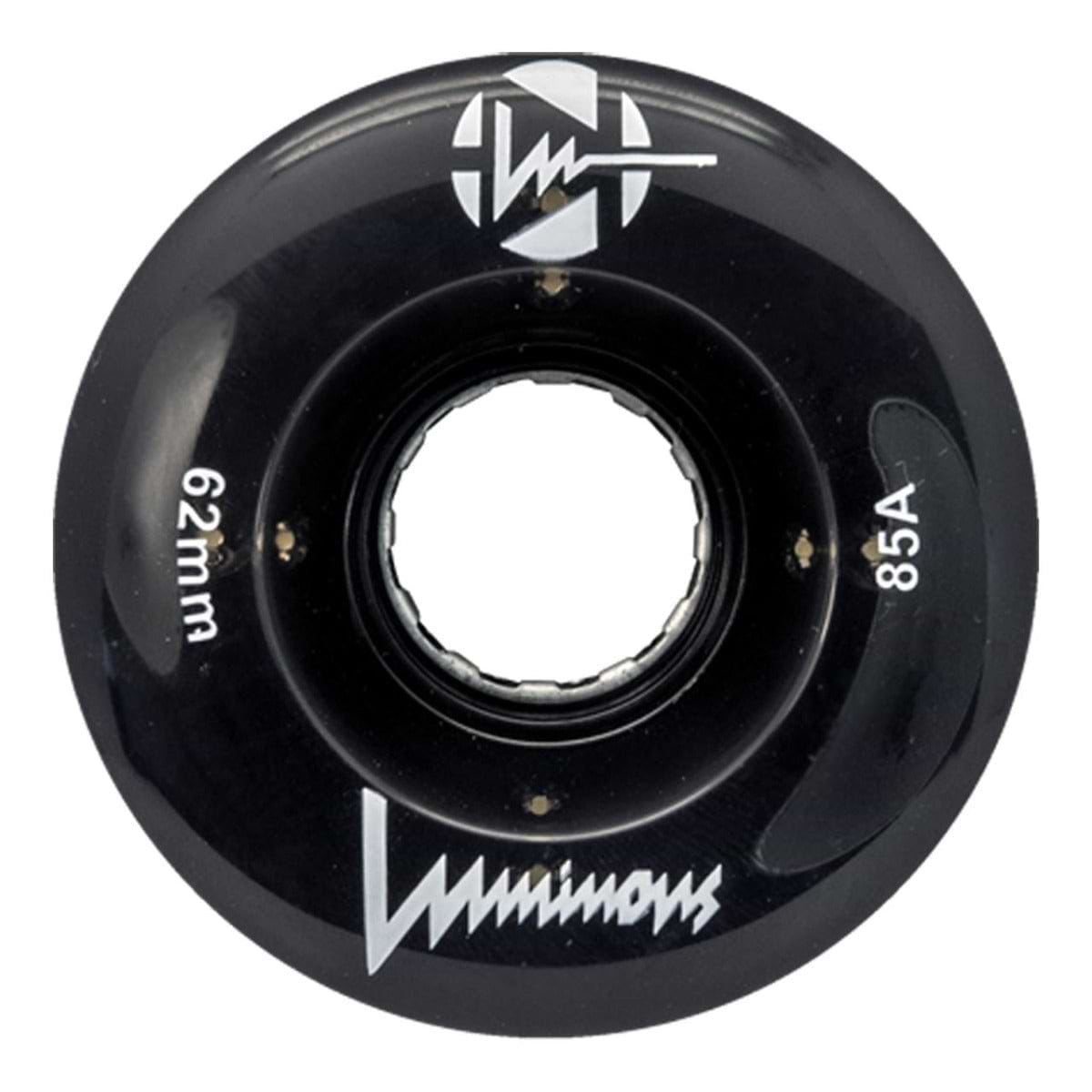The Luminous LED 85A Quad Roller Skate Wheel in black features white logos, "62mm" left, "85A durometer urethane" right, and "Luminous" script at the bottom. Central hole fits standard skate wheel bearings. Brand: Luminous.