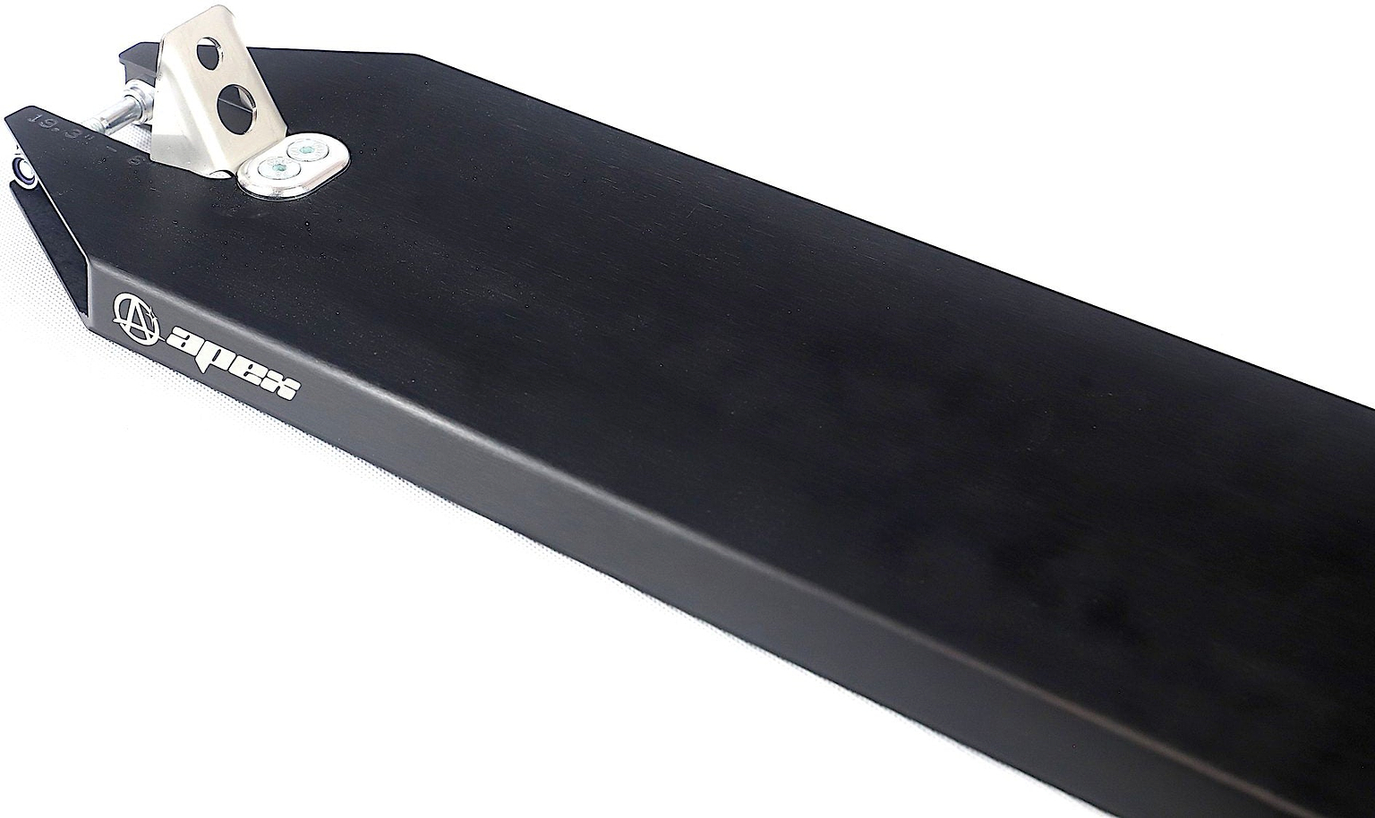 Sure! Here’s the rewritten sentence using your product data: The Apex Angled Black Stunt Scooter Deck - 6″ by Apex features a sleek, rectangular black surface with smooth edges, a silver metal brake, and the “apex” logo printed in white on the side. Designed for street scooter riders, this deck combines style and durability.