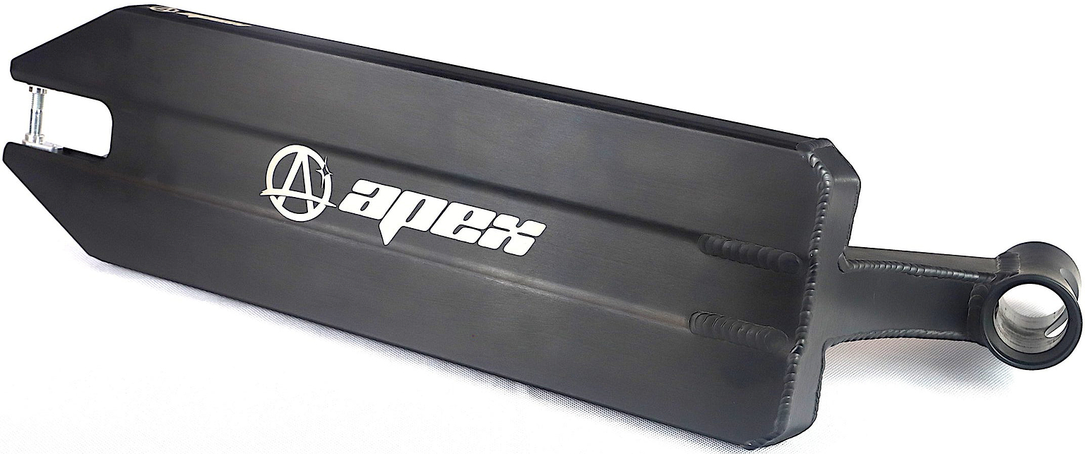 The Apex Angled Black Stunt Scooter Deck - 6″, by Apex, is displayed on a white background. This scooter deck features an angular design, a white Apex logo, and an integrated rear axle area. It is ideal for riders looking for both durability and top performance.
