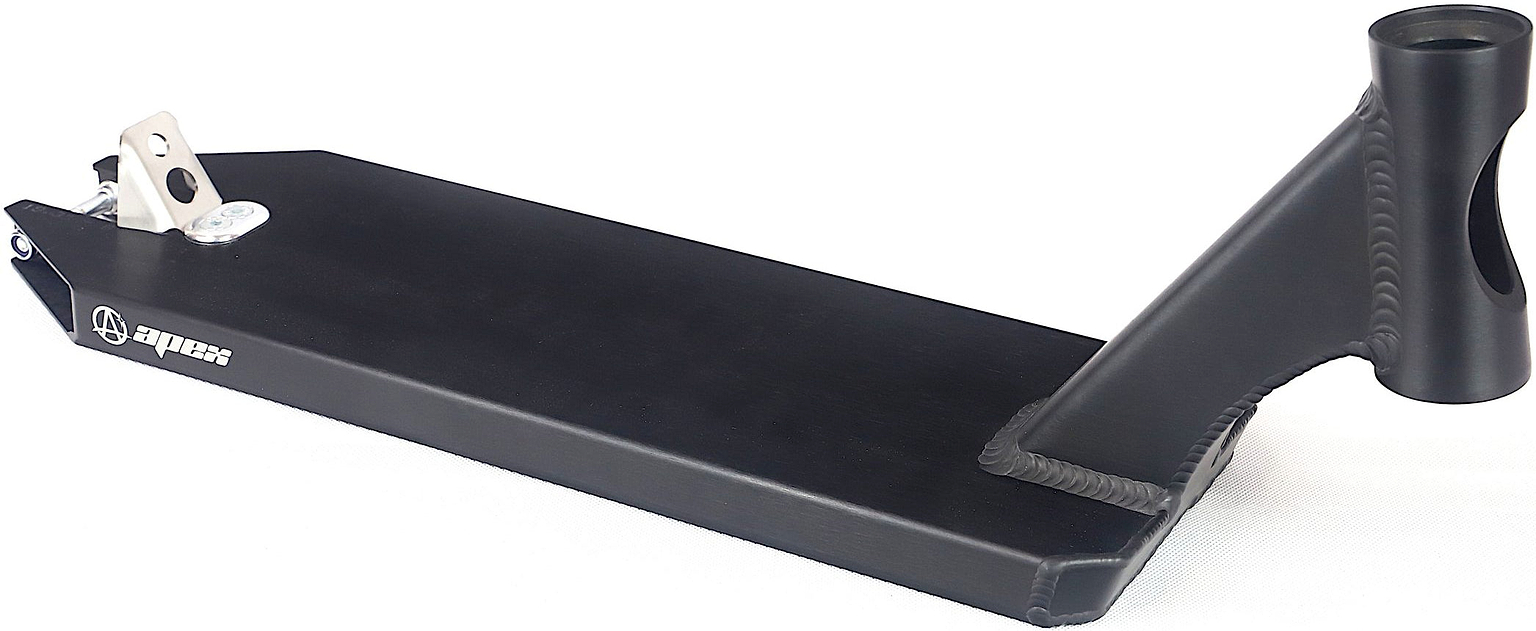 The Apex Angled Black Stunt Scooter Deck - 6″ by Apex features a matte black finish, a durable metal rear brake, and a reinforced angled neck for handlebars—making it the ideal choice for street riders seeking a robust and reliable 6-inch scooter deck.