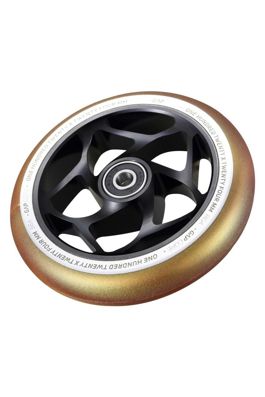 The Blunt Envy 120mm GAP Core Stunt Scooter Wheel, in a striking black with a gold rim, showcases its precision design against a white background. The metallic rim features printed silver text with specifications, and the visible ball bearing adds to the sleek look of this premium wheel.