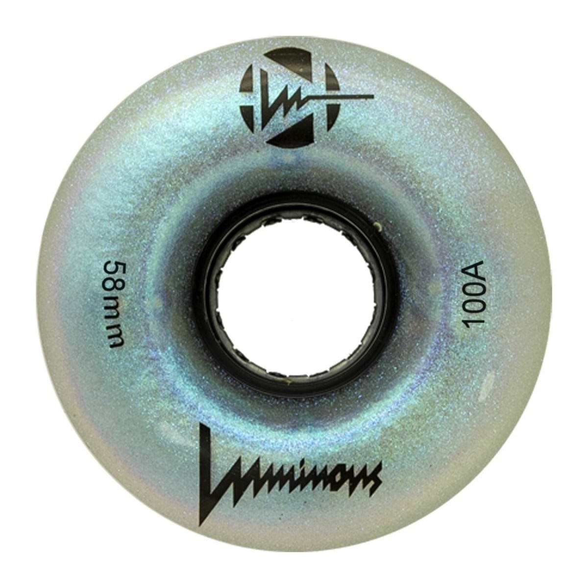 Discover the enchanting allure of Luminous LED Wheels. This detailed view showcases a metallic iridescent quad roller skate wheel, expertly crafted from premium urethane, boasting a 58mm diameter and 100A hardness. The shimmering surface dazzles with an array of colors and its circular hollow core promises seamless skating adventures.