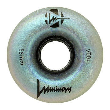 Discover the enchanting allure of Luminous LED Wheels. This detailed view showcases a metallic iridescent quad roller skate wheel, expertly crafted from premium urethane, boasting a 58mm diameter and 100A hardness. The shimmering surface dazzles with an array of colors and its circular hollow core promises seamless skating adventures.