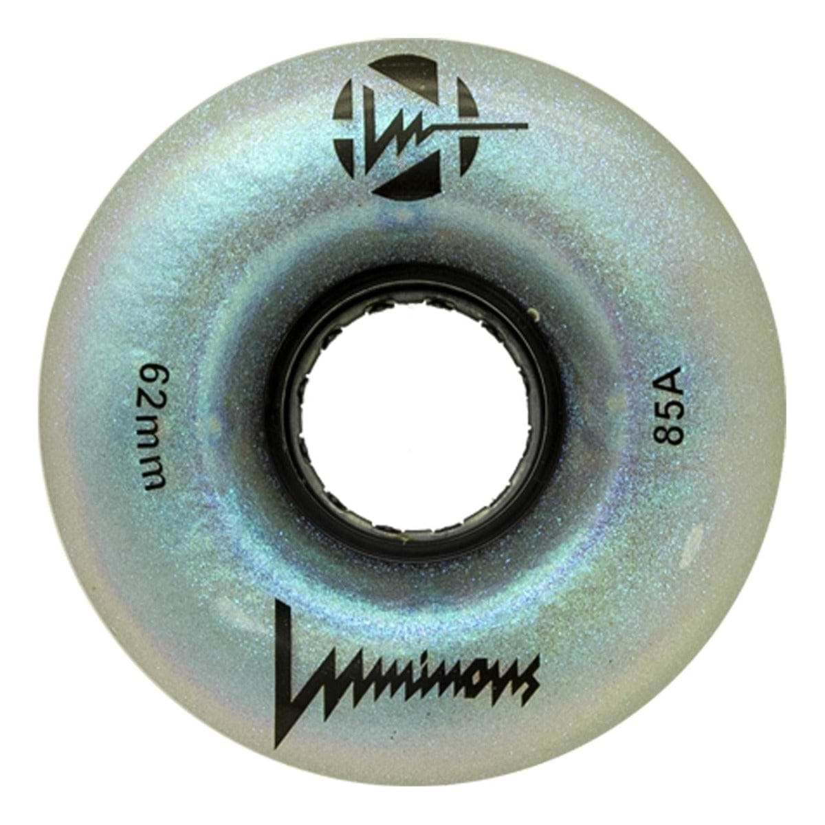 The Luminous LED 85A Quad Roller Skate Wheels in Black Pearl (62mm) feature the Luminous logo, "62mm," and "85A durometer" text, plus a central hole and prominent branding—an excellent choice for standout quality from Luminous.