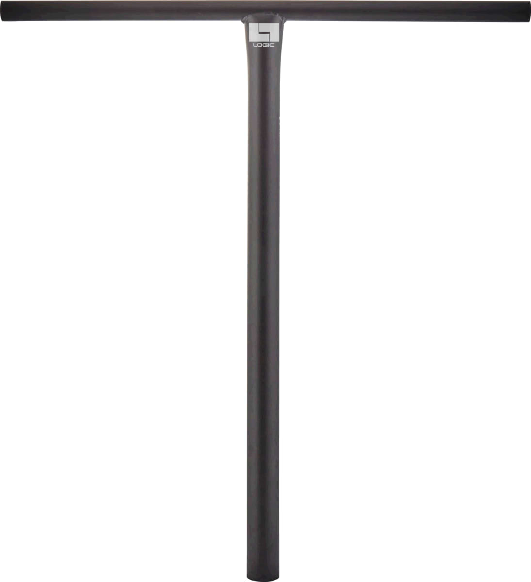 The Logic Streetz Steel Standard IHC Stunt Scooter T-Bars in black, measuring 660mm x 635mm, feature a sleek design with the logo near the top center, presented against a plain white background—perfect for street scooter customization.