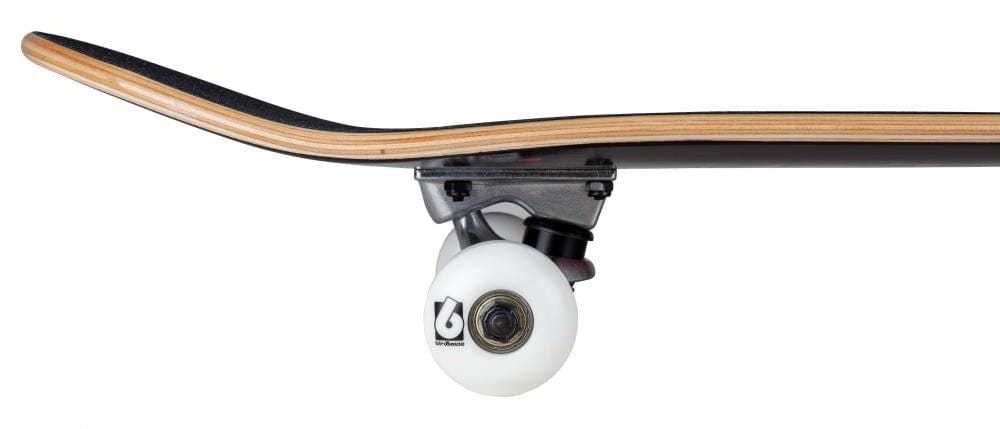 Detailed view of the Birdhouse Stage 1 Blood Logo Black Complete Skateboard - 8" x 31.5", highlighting its side profile. The deck's visible grain complements the mounted truck and white wheels. This beginner-friendly skateboard features a tail with a subtle upward curve and is set against a pristine white background.