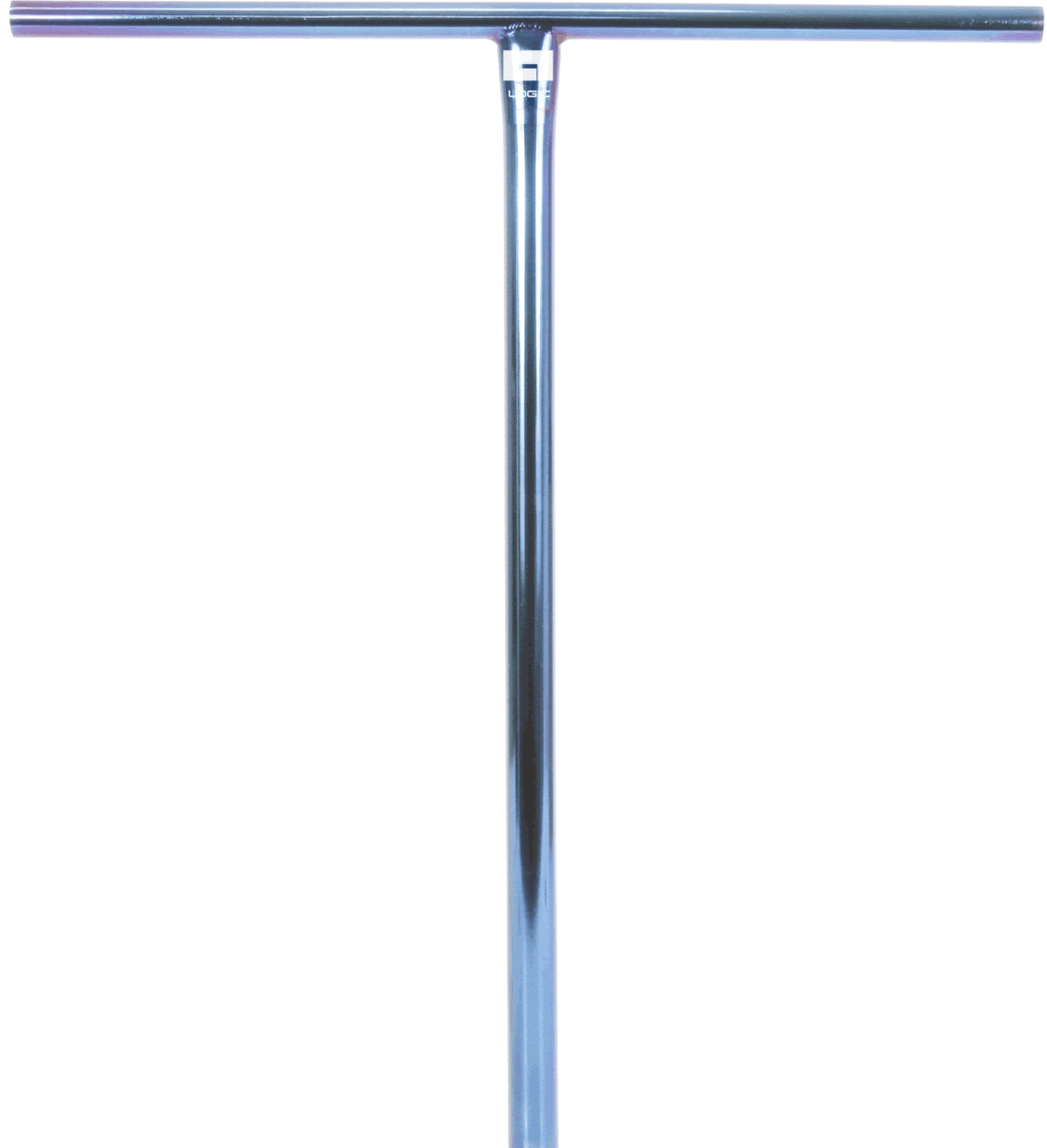The Logic Streetz Steel Standard IHC Stunt Scooter T-Bars shine with a sleek, streamlined design made from robust 4130 Chromoly Steel, set off beautifully against a white background in its Blue Chrome finish.