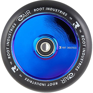 Introducing the Root Industries AIR Hollowcore 120mm Stunt Scooter Wheel in Black and Blue Ray, perfect for enhancing your stunt scooter experience. This wheel features a striking blue metallic core and black outer tire, with white branding elegantly encircling both the rim and core. Plus, the center showcases visible ball bearings.