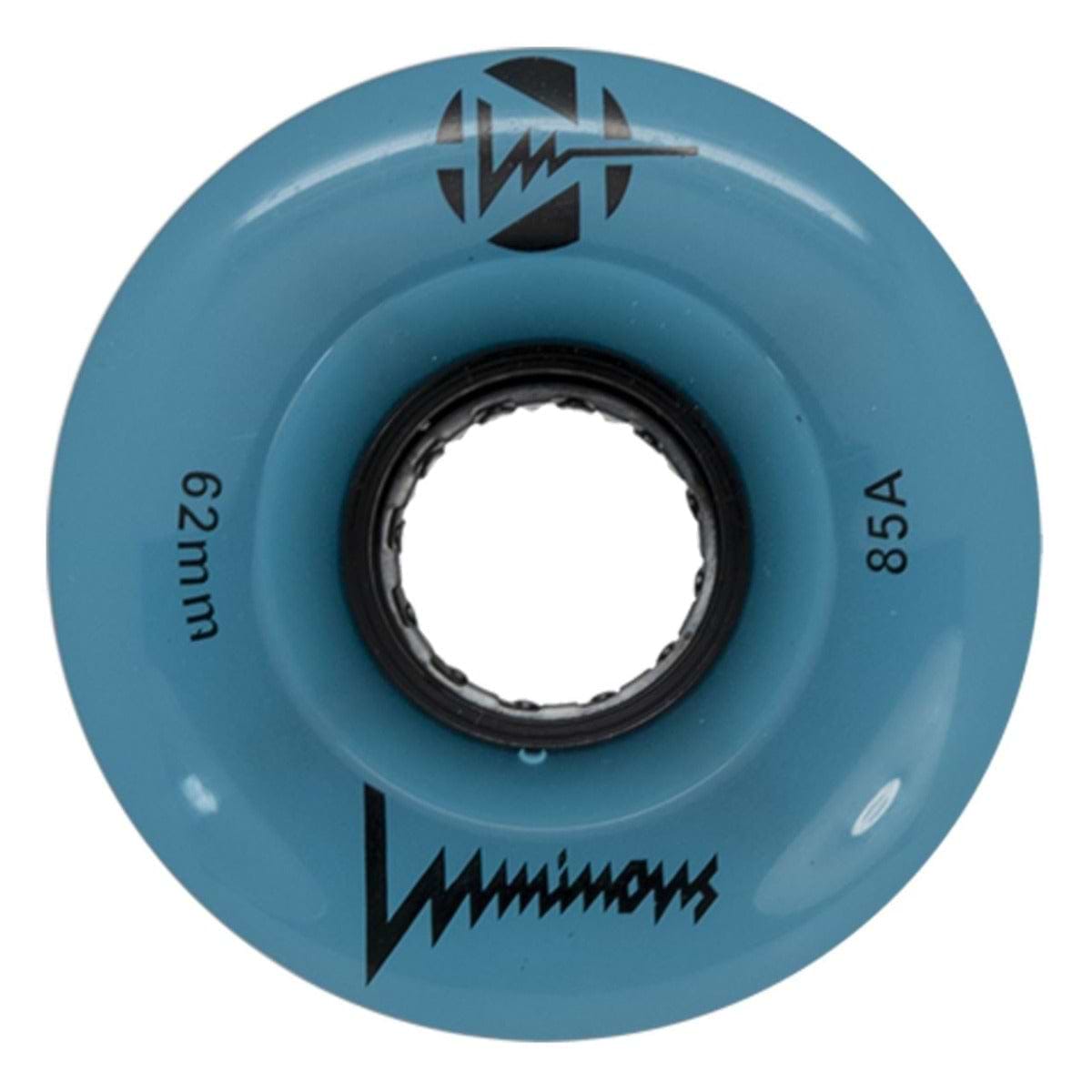 The Luminous LED 85A Quad Roller Skate Wheel in Blue Glow (62mm) by Luminous features a blue urethane exterior, black core, 85A durometer rating, stylized black text, and the Luminous Wheels logo.