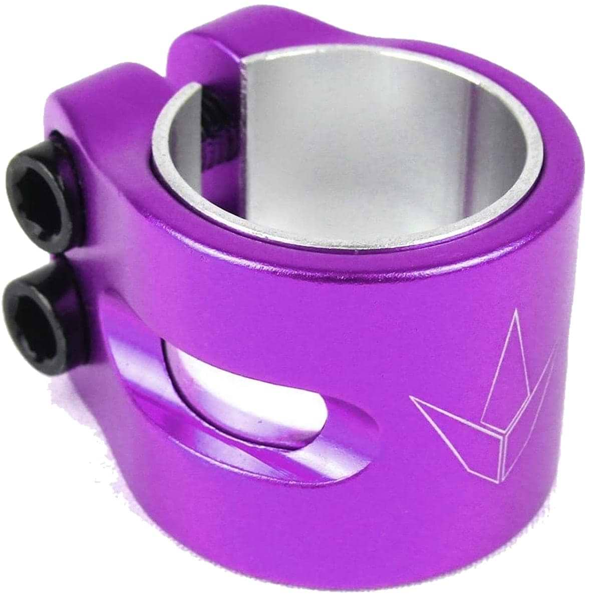 The Blunt Envy Twin Slit 2 Bolt Oversized Scooter Clamp in purple is made from aluminum and includes two black screws and a small cutout. This lightweight clamp showcases a simple, minimalist logo engraved on the side, making it an ideal addition to your stunt scooter.