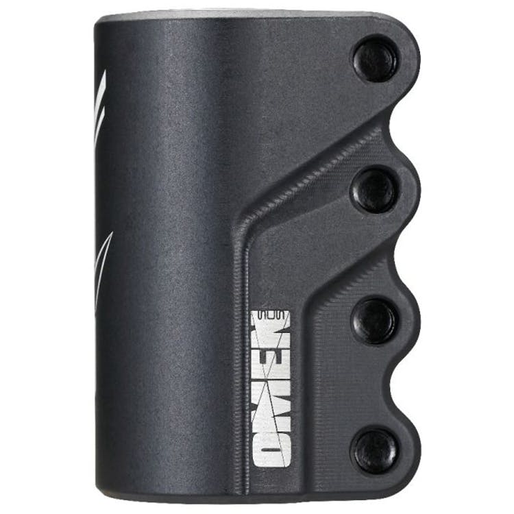 The Blunt Envy Omen 4 Bolt Oversized SCS Stunt Scooter Clamp - Black is a black metal clamp featuring a textured finish and four vertically aligned bolt holes. The word "OMEN" is prominently displayed in white on the side. Its sleek, modern design makes this lightweight component ideal for enhancing scooter performance.
