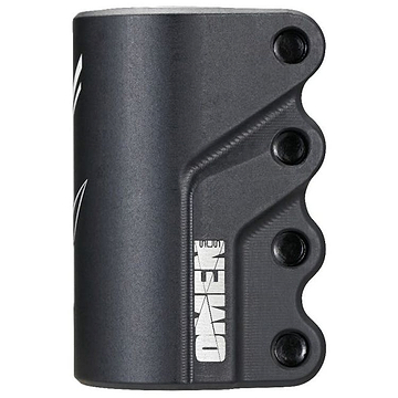 The Blunt Envy Omen 4 Bolt Oversized SCS Stunt Scooter Clamp - Black is a black metal clamp featuring a textured finish and four vertically aligned bolt holes. The word "OMEN" is prominently displayed in white on the side. Its sleek, modern design makes this lightweight component ideal for enhancing scooter performance.