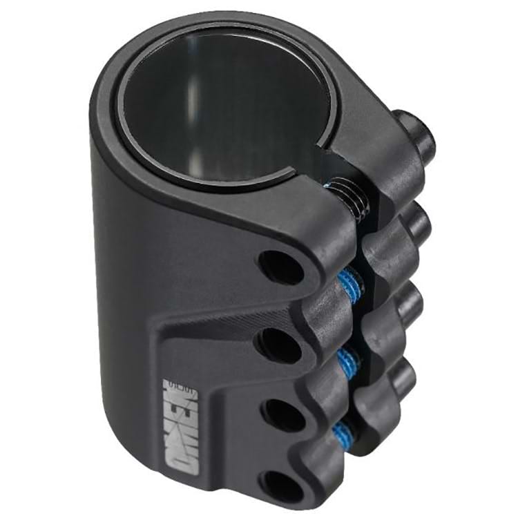 Introducing the Blunt Envy Omen 4 Bolt Oversized SCS Stunt Scooter Clamp in black, designed for securely fastening the handlebar to the scooter stem. This durable yet lightweight accessory features a striking Blunt Envy logo and includes blue stripe accents on each of its four bolts.