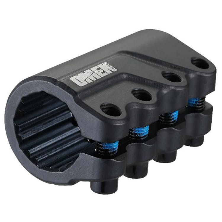 Close-up of a black Blunt Envy Omen 4 Bolt Oversized SCS Stunt Scooter Clamp, featuring a ribbed interior and multiple bolts. It boasts an angular design with the brand logo on top, complemented by a matte finish and blue accents on the screws—ideal for the lightweight Blunt Envy Omen scooter.