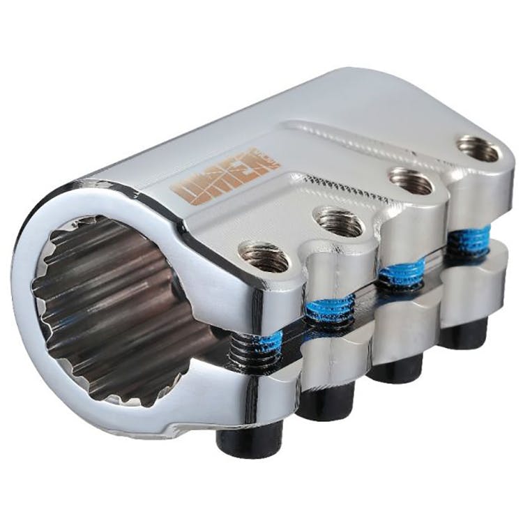 The Blunt Envy Omen 4 Bolt Oversized SCS Stunt Scooter Clamp in Chrome is a robust clamp with a hexagonal interior, featuring blue-threaded bolts and multiple holes for adjustment. Its sleek chrome finish provides a modern and durable look, making it an ideal choice for any lightweight scooter setup.