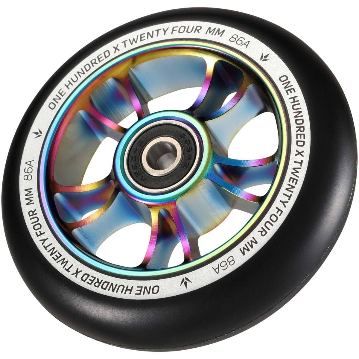 The Blunt Envy 100mm Stunt Scooter Wheel in Oil Slick Neochrome and Black features a vibrant rainbow-colored aluminium core with a black tire. The outer edge is inscribed with "ONE HUNDRED X TWENTY FOUR MM 86A," showcasing a stylish spoke design and equipped with an ABEC 9 central bearing for optimal performance.