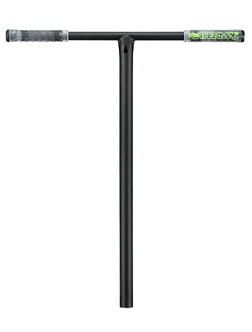 A black Blunt Envy Thermal V2 stunt scooter bar boasts a T-shape design crafted from steel, offering durability and style. The gray grips are accented with green for added comfort and flair. Prominently featuring the brand name "Blunt Envy" on the right grip, this distinctive accessory enhances any stunt scooter setup.