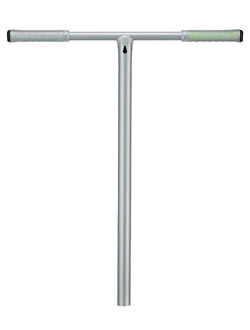 The Blunt Envy Thermal V2 Steel Oversized SCS Stunt Scooter Bars - Silver feature a T-shaped design with grip handles on both ends, delivering a sleek appearance ideal for any stunt scooter setup. Set against a white background, these 720mm x 620mm handlebars embody both style and functionality.