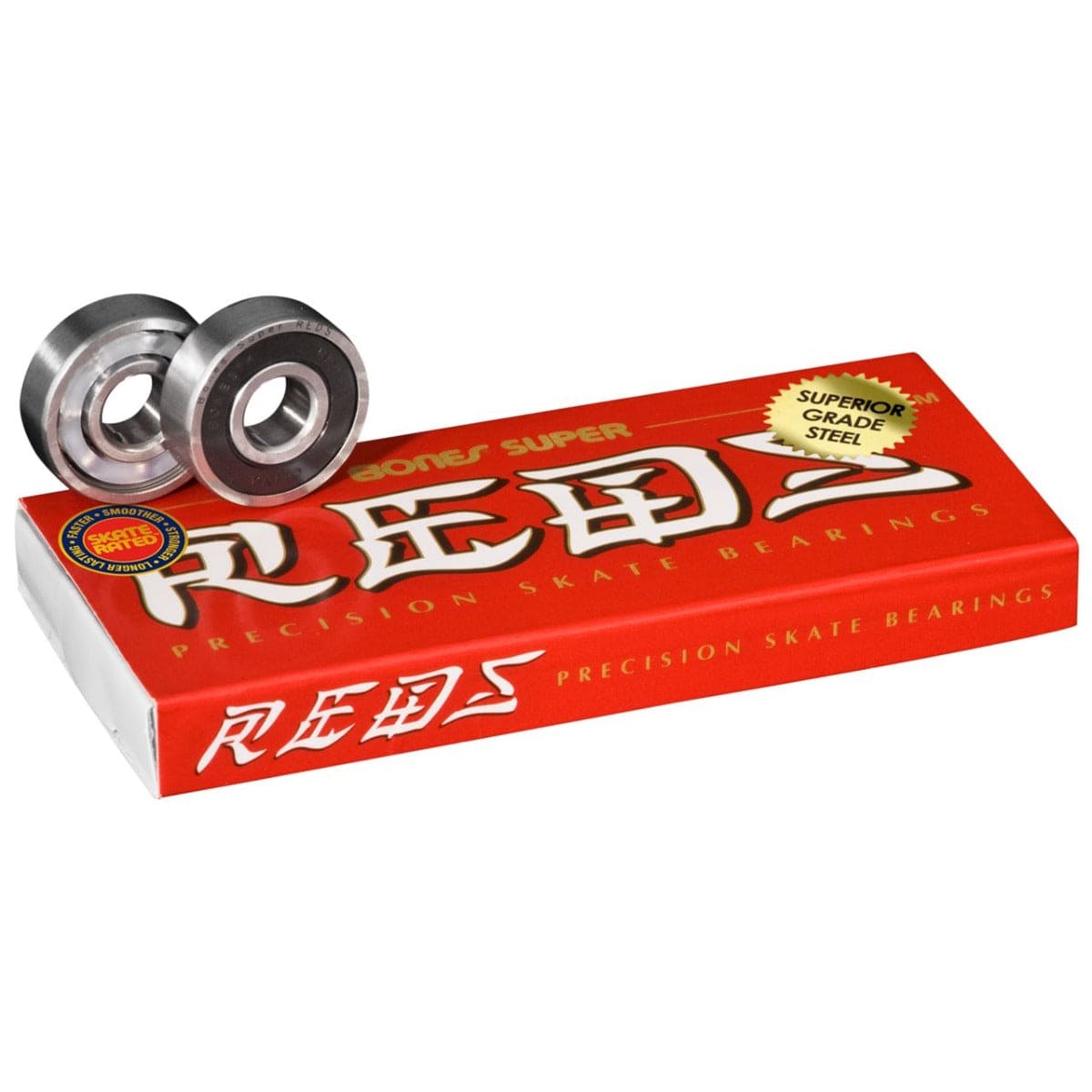 A red box labeled "Bones Super REDS Skateboard Bearings - 8 Pack" from the brand Bones displays silver bearings. It features a gold starburst emphasizing "Super Grade Steel" and bold white text, highlighting its superior steel races and Skate Rated™ precision.