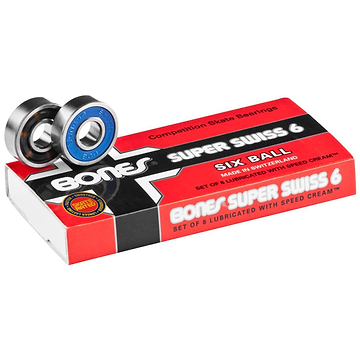 A package of Bones Super Swiss 6 Skateboard Bearings - 8 Pack, prominently featuring the bold "Six Ball" text. Two skateboard bearings are displayed on top, with one showcasing a noticeable blue shield. The predominantly red and black packaging exudes an aura of high-speed performance.