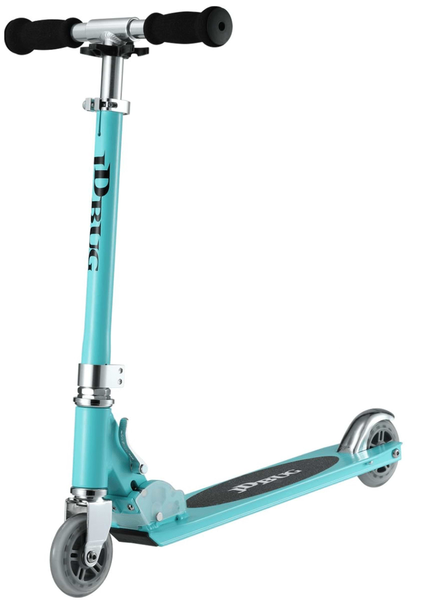 The JD Bug Original Street MS130B Kick Scooter, in matt teal with black foam handles and two wheels, features a foldable design for easy transport. The JD Bug brand name is prominently displayed on the stem and deck.