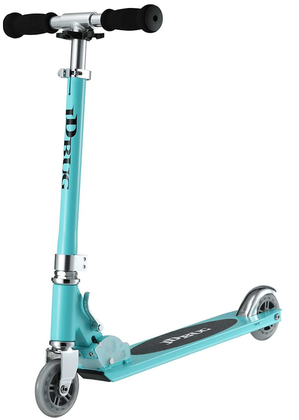 The JD Bug Original Street MS130B Kick Scooter, in matt teal with black foam handles and two wheels, features a foldable design for easy transport. The JD Bug brand name is prominently displayed on the stem and deck.